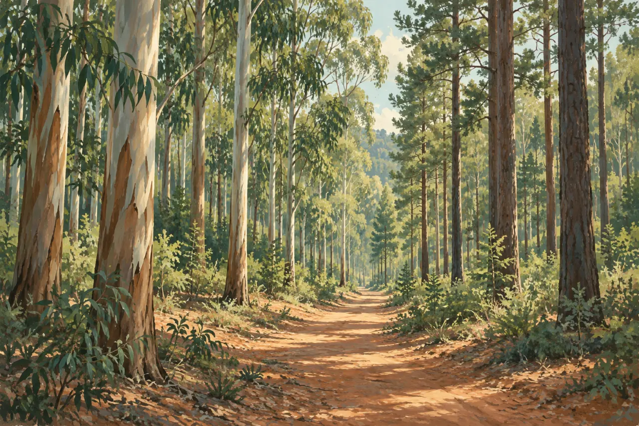 Gemalter Waldweg zwischen hohen Bäumen im warmen Tageslicht.