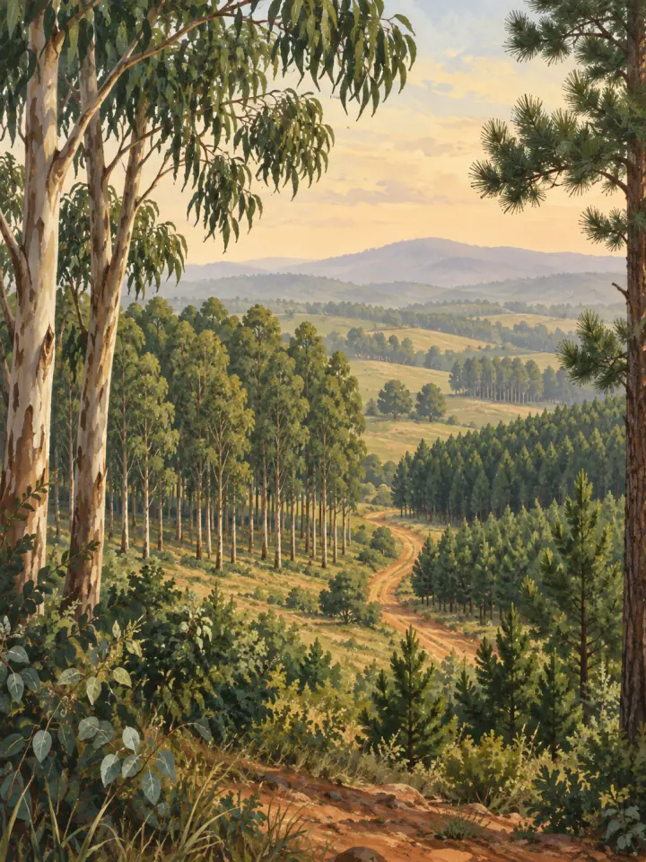 Gemalte Waldlandschaft mit Eukalyptus, Kiefern und einem Weg zwischen bewirtschafteten Beständen.